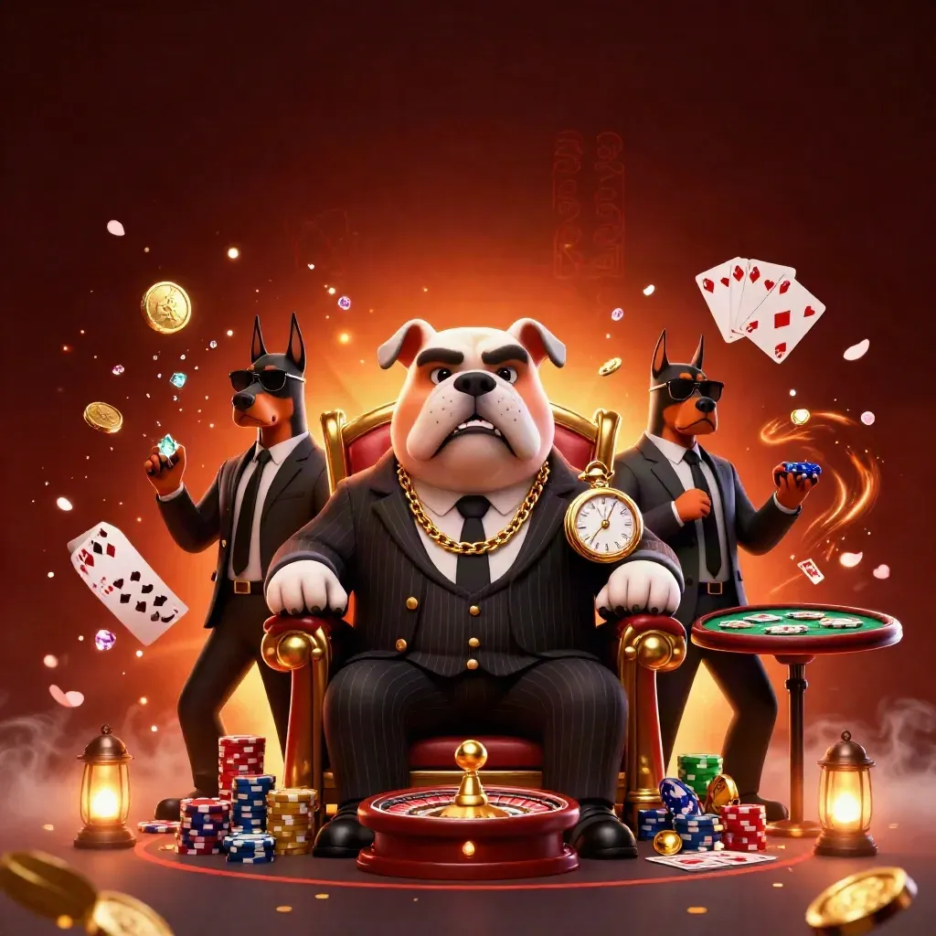 Mafia bulldog and Dobermans amid casino chips, coins, roulette wheel, cards, and ember glow.