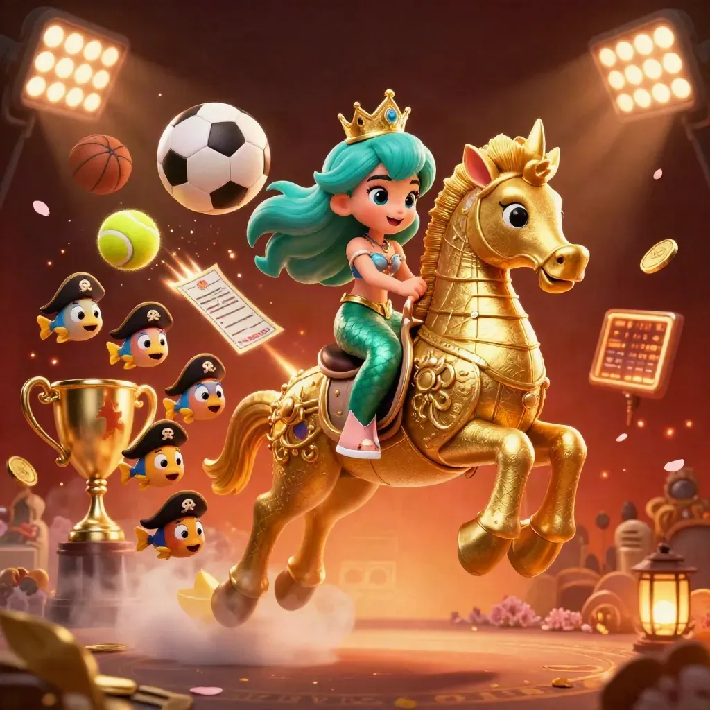 Mermaid princess on a golden seahorse amid flying sports balls, coins and floodlit casino magic.