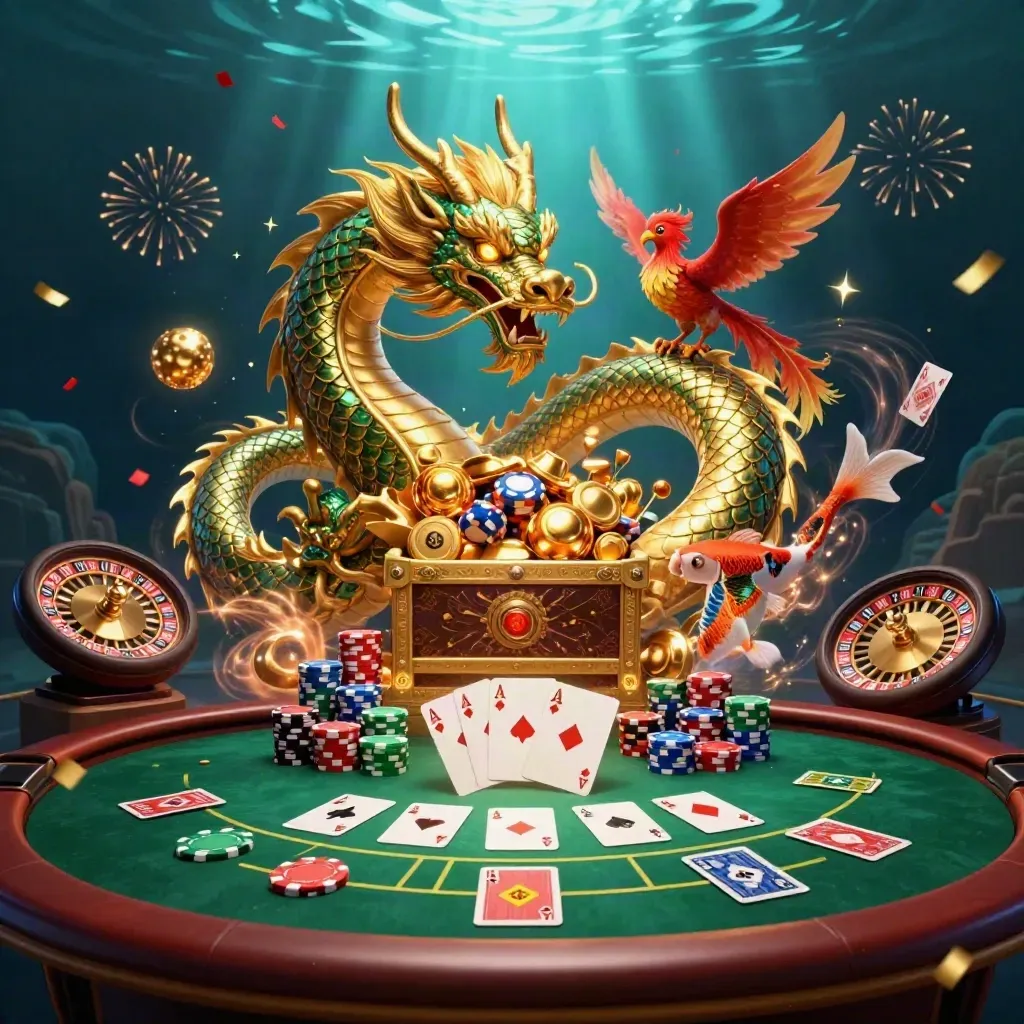 Golden dragon, baby phoenix and koi amid casino treasures in emerald and gold