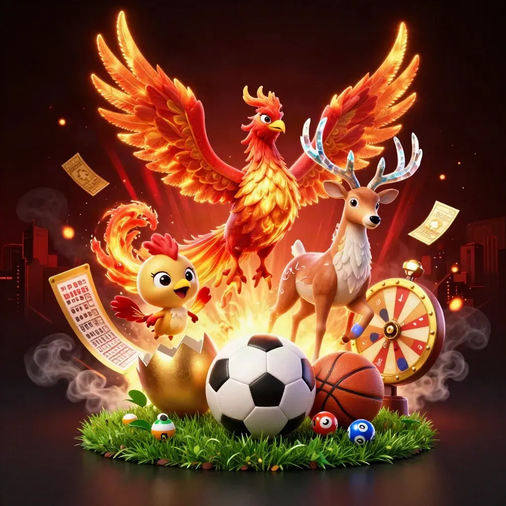 Phoenix, stag and casino icons burst around a soccer ball in dark red-gold light.