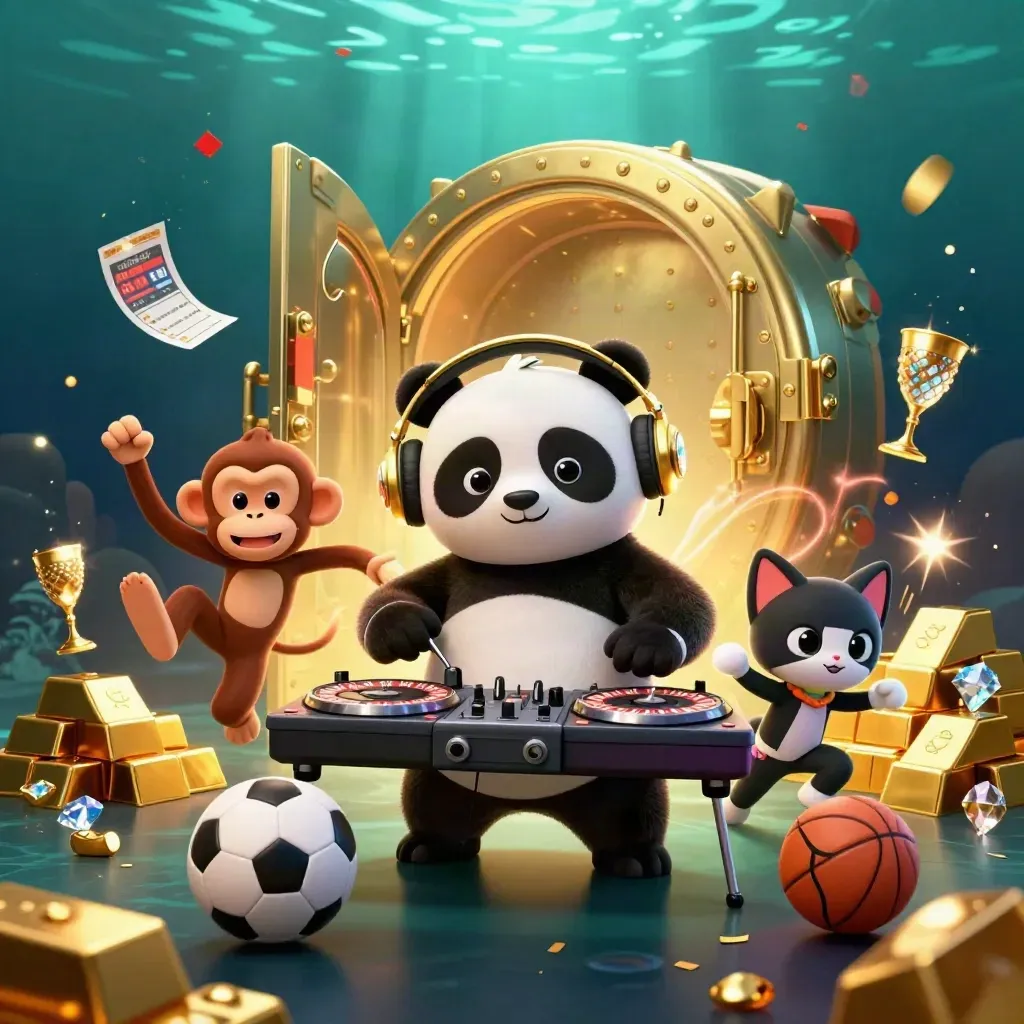 DJ panda, monkey, and glow-kitten amid gold vault, balls, sparks, and casino loot.