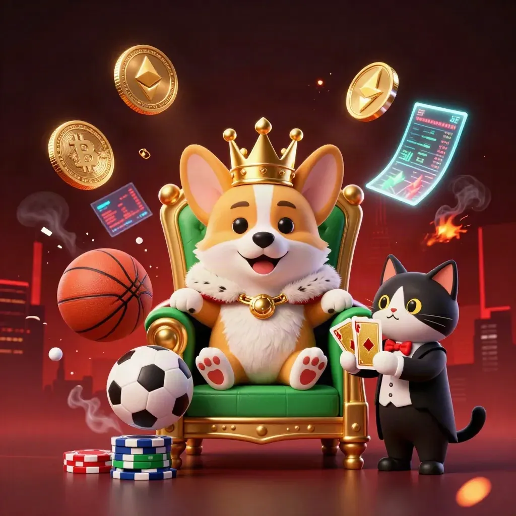 Royal corgi and cat butler amid flying sports balls, crypto coins, and casino sparks.