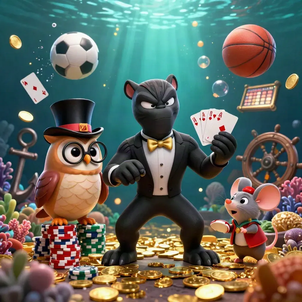 Panther, owl, and mouse in a luxe underwater casino with coins, coral, balls, and glowing light.