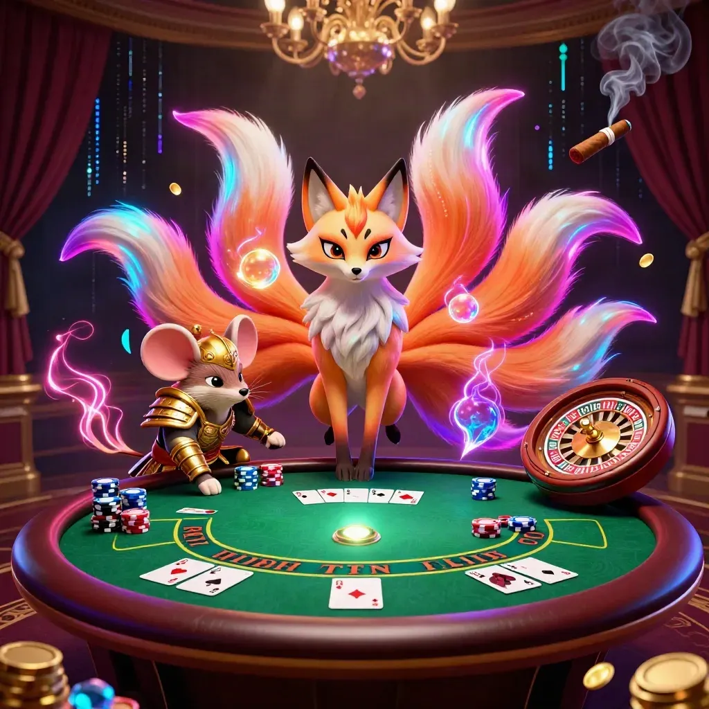 Fox spirit and samurai mouse amid casino table, chips, roulette wheel, chandelier glow