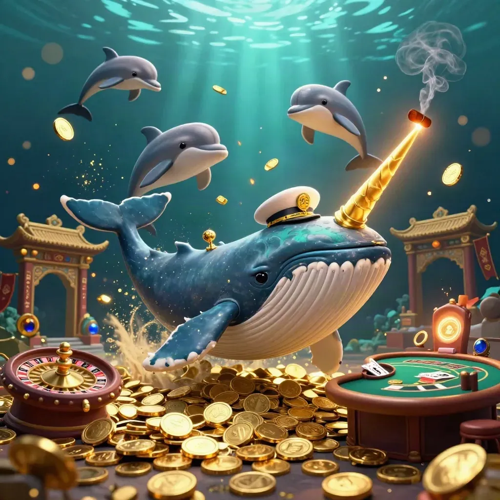 Whale captain, narwhal, and dolphins in a gold-lit underwater casino fantasy with coins and cards.