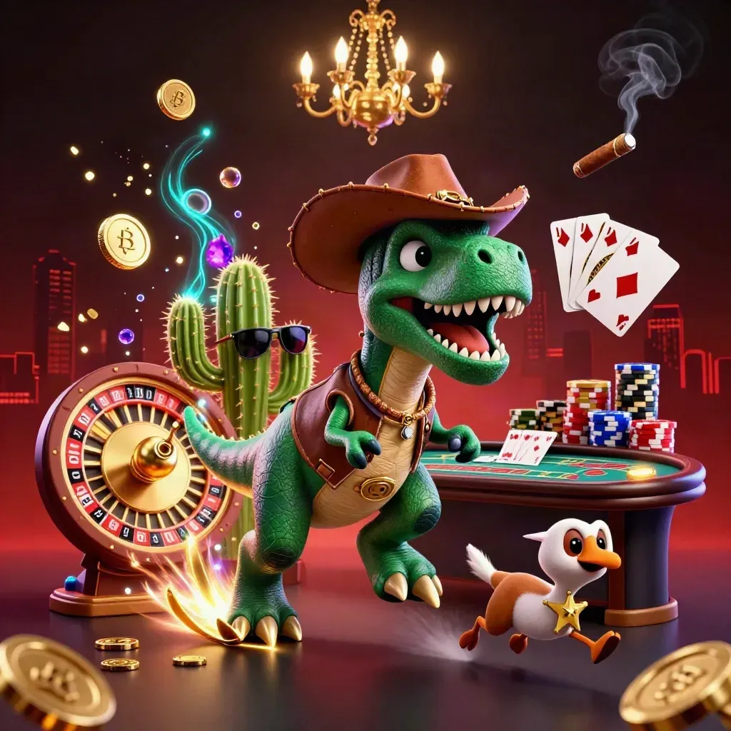 Cartoon cowboy T-Rex, cactus, and roadrunner amid casino gold, wheels, chips, and neon glow.