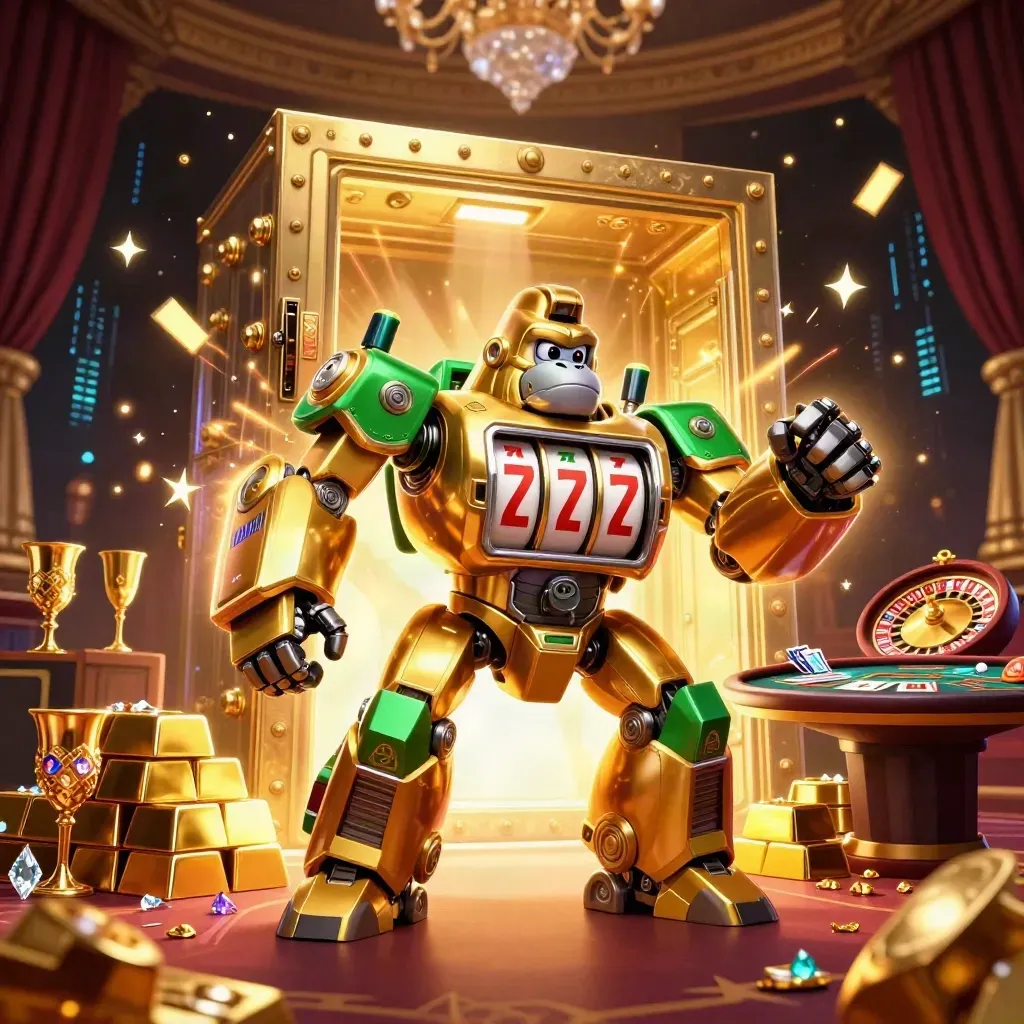 Golden gorilla mech, tiny monkey pilot, vault blast, casino luxury, jewels, roulette, cards, glowing lights