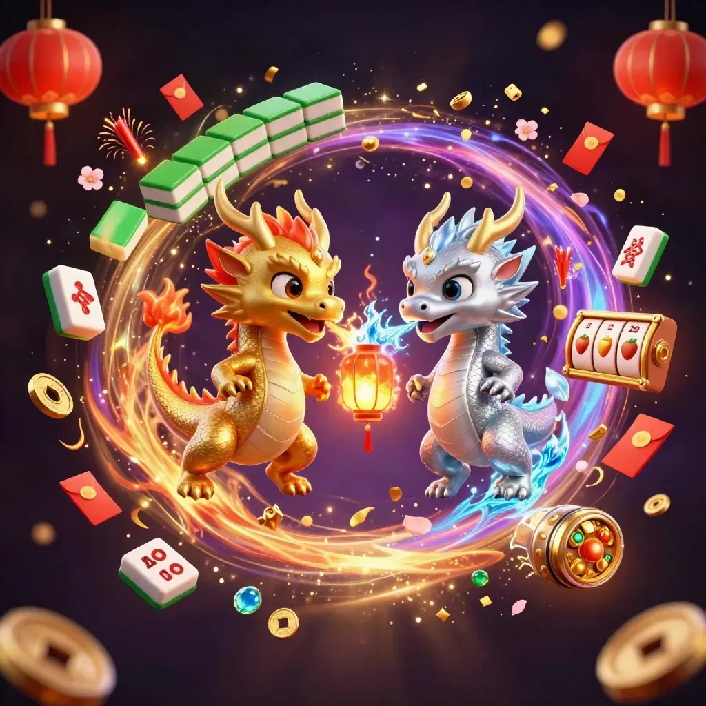 Gold and silver dragons form a yin-yang with a lantern spirit amid casino talismans.