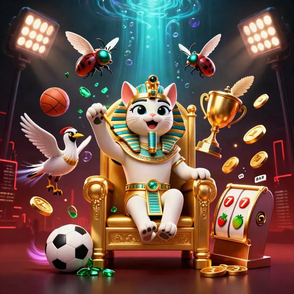 Pharaoh cat, ibis scribe and gem-wing scarabs amid coins, balls, trophy and neon casino effects.