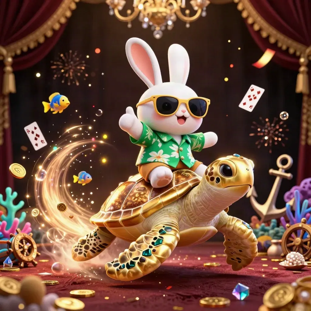 Lucky rabbit on a gem turtle amid treasure cove, coral, coins, confetti, and casino glamour.