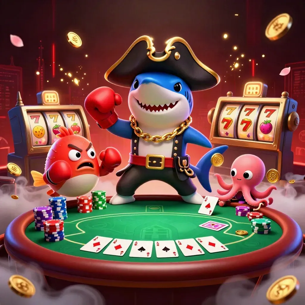Pirate shark, boxing pufferfish, and coin-juggling octopus amid casino props and glowing effects.