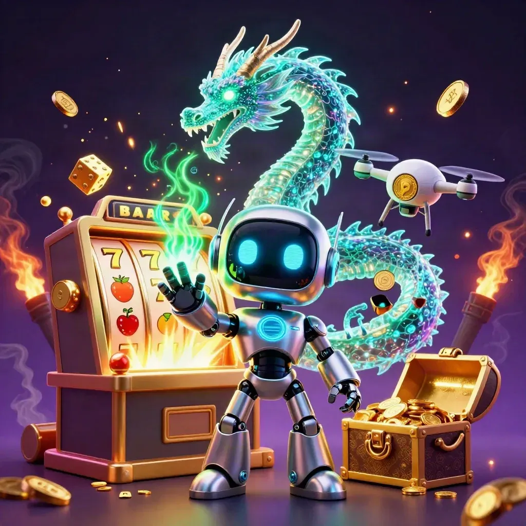 Cyberpunk robot, holographic dragon and coin drone amid exploding slot machine gold, emerald glow.