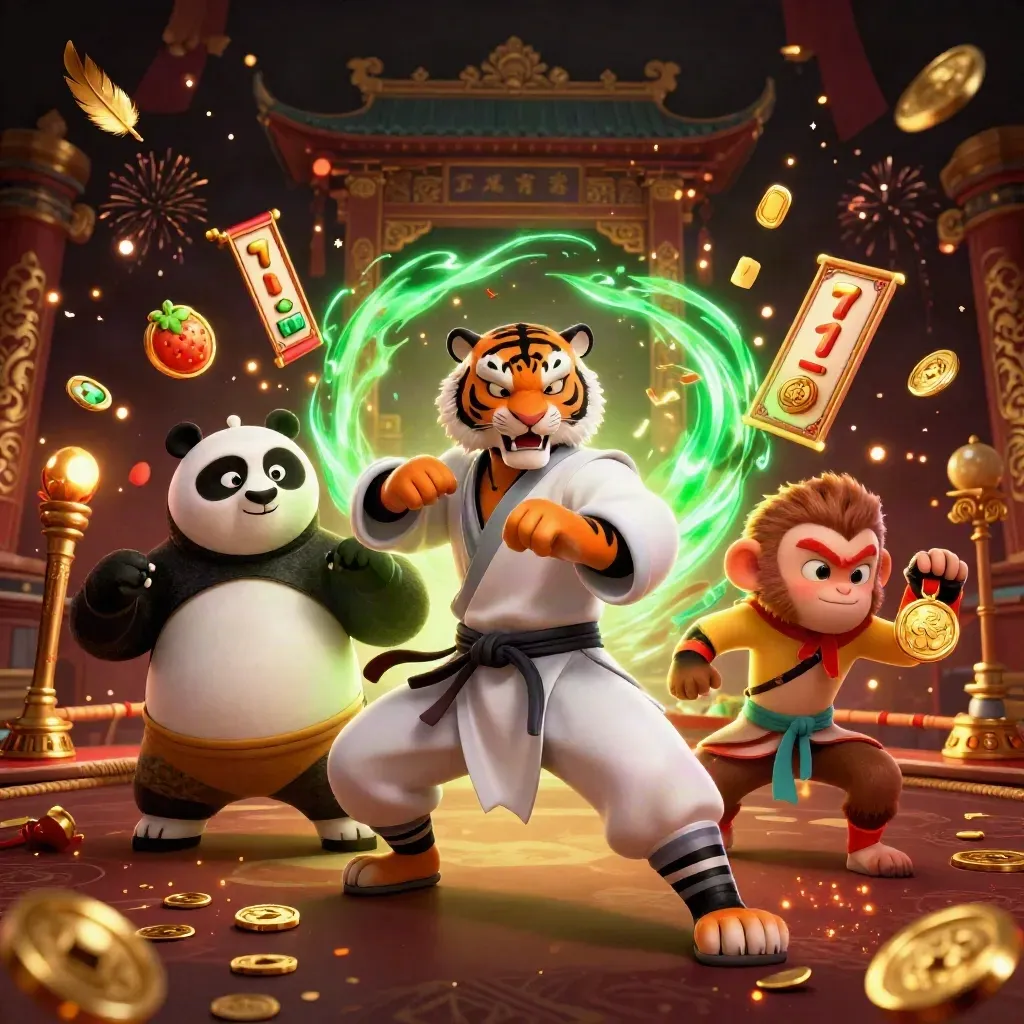 Tiger, panda, and monkey in a neon casino kung-fu showdown amid gold and emerald sparkles.