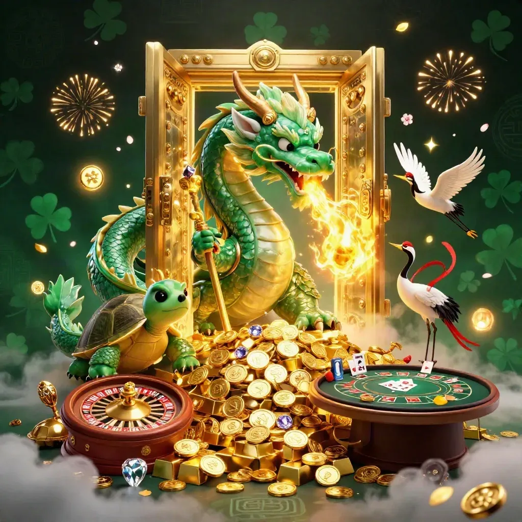 Dragon, turtle sage and cranes burst from a glowing vault amid gold, gems and casino tables