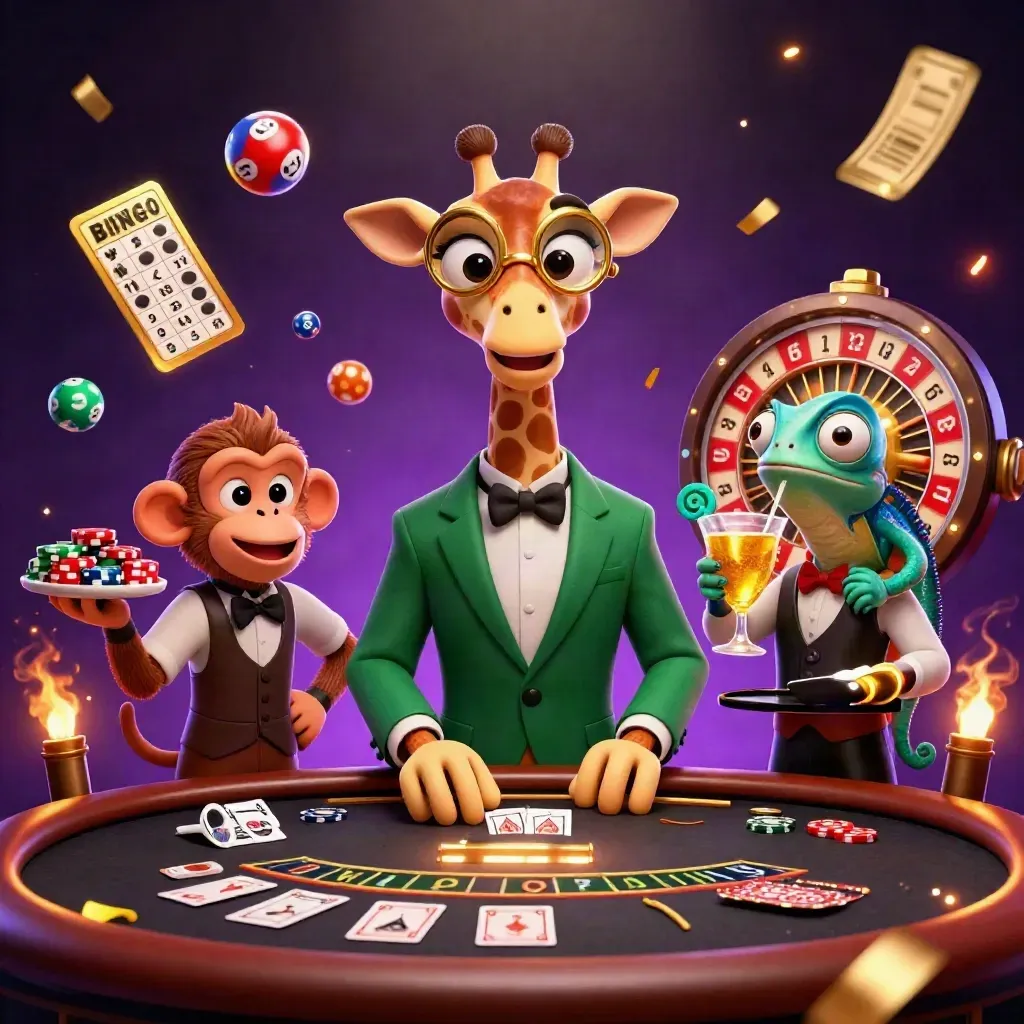 Giraffe, monkey, and chameleon at a glowing casino table amid coins, balls, and fireworks