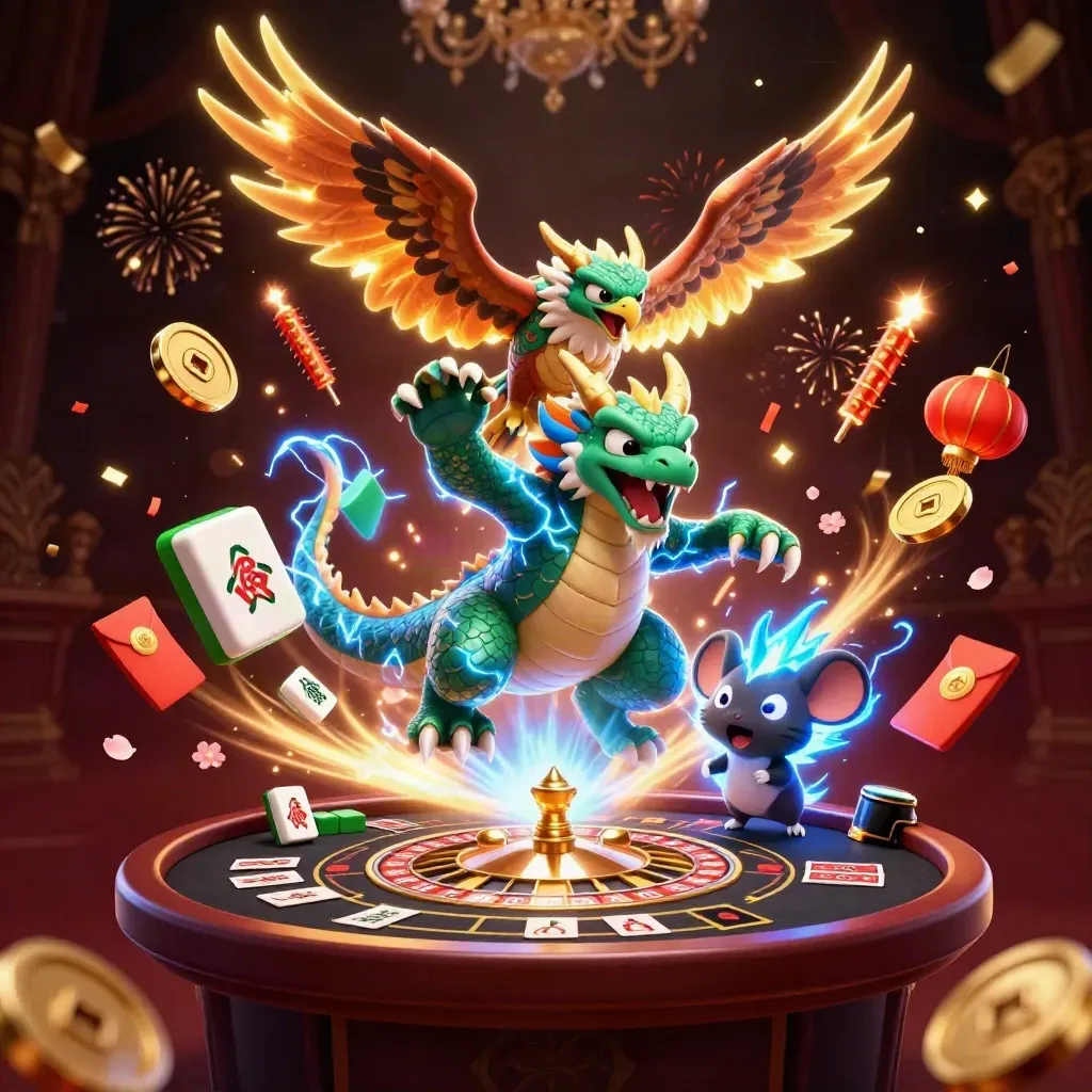 Thunder dragon, hawk, and mouse amid casino bursts, gold coins, lanterns, roulette, and fireworks.