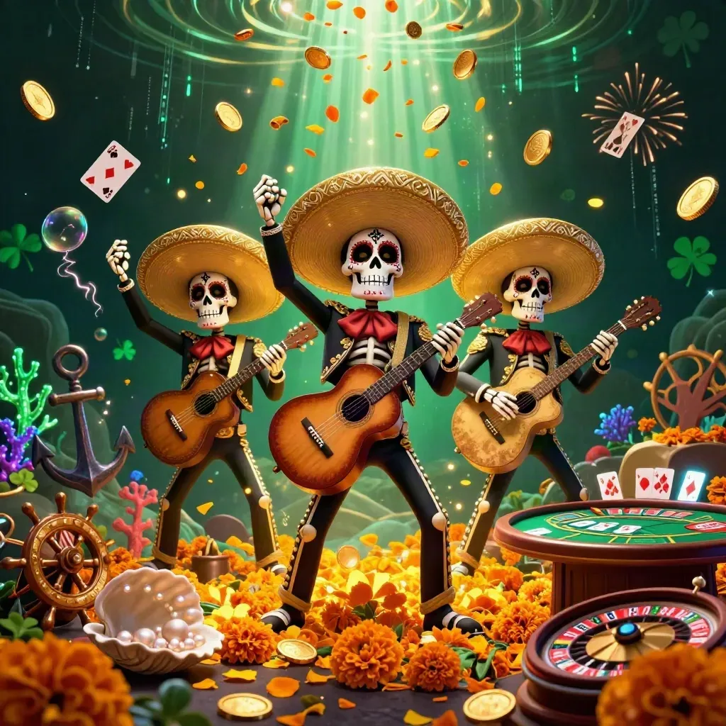 Day-of-the-Dead skeleton mariachi trio amid gold coins, treasure, roulette and casino glow in emerald gold.