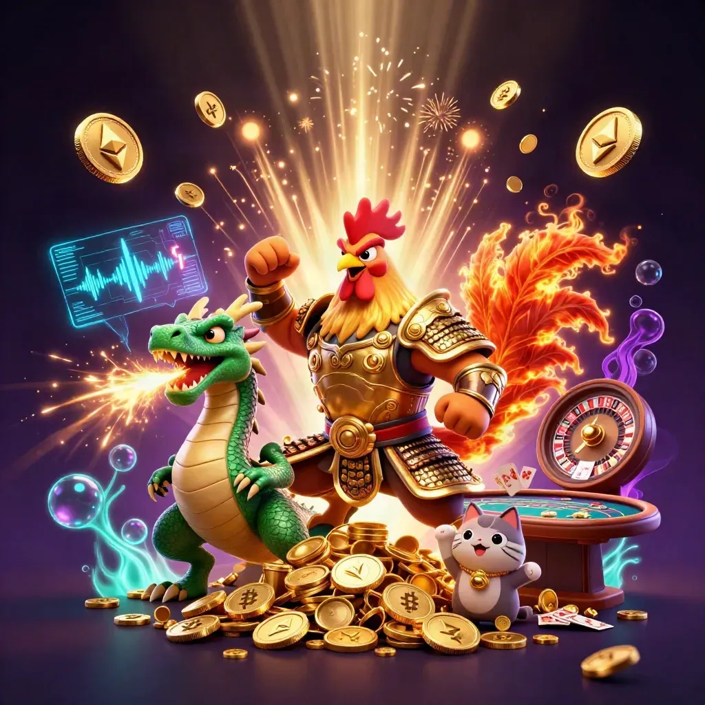 Rooster warrior, dragon hatchling and fortune-cat amid bursting gold, coins, roulette wheel and casino sparks.