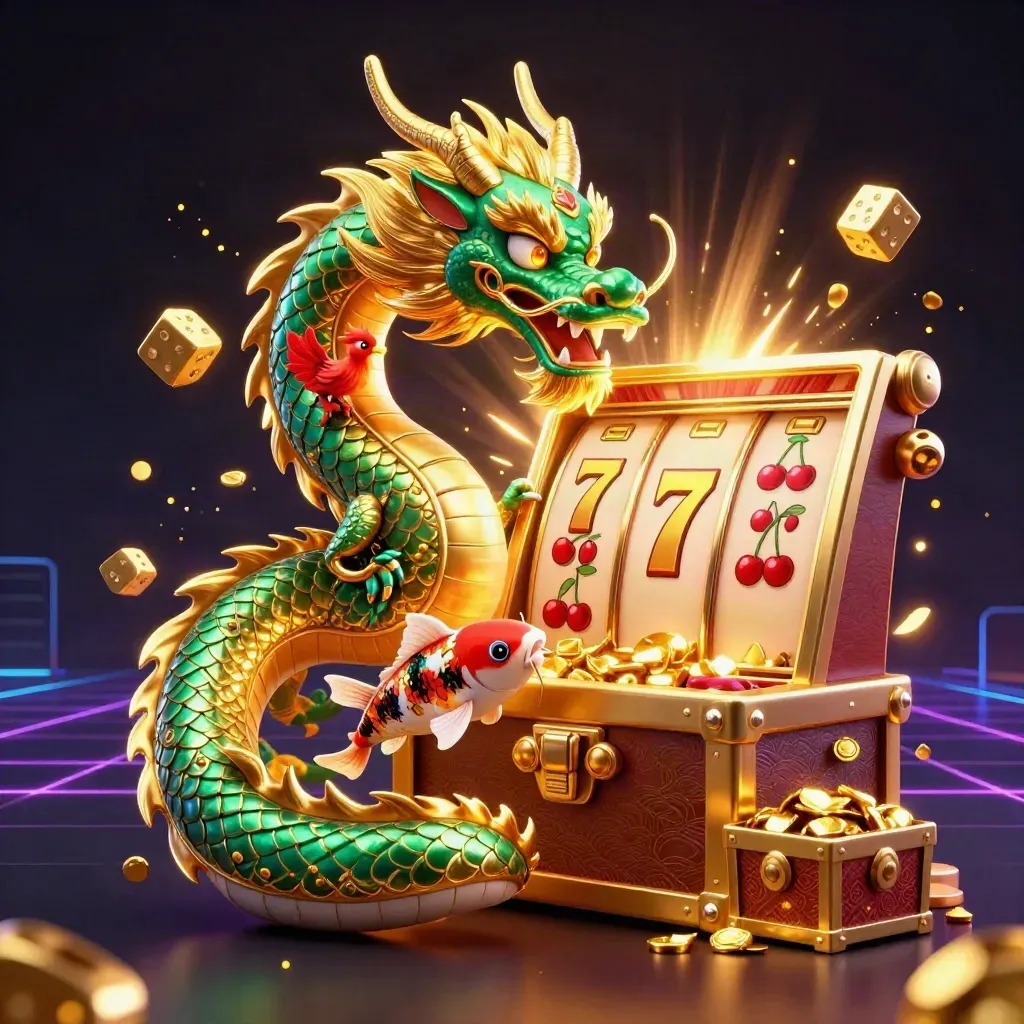 Golden dragon, phoenix, koi and exploding slot machine with gold rays and neon casino glow.