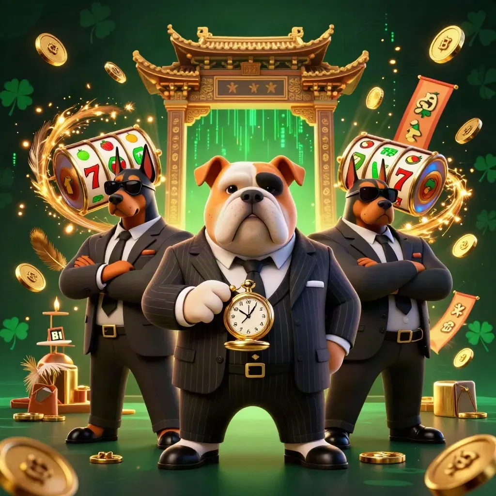 Bulldog boss with two Dobermans amid gold coins, reels, and emerald casino magic