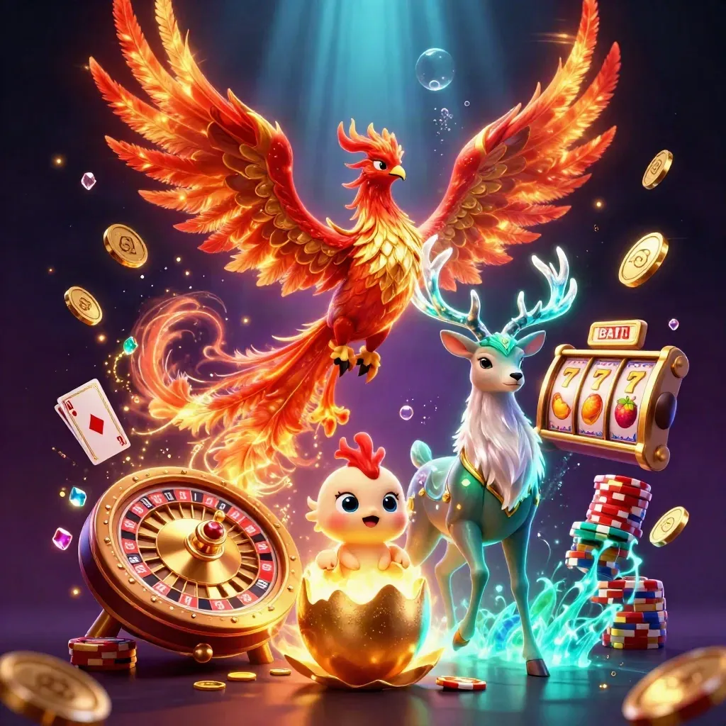 Phoenix, baby phoenix, and crystalline stag amid casino coins, cards, chips, and a roulette wheel.