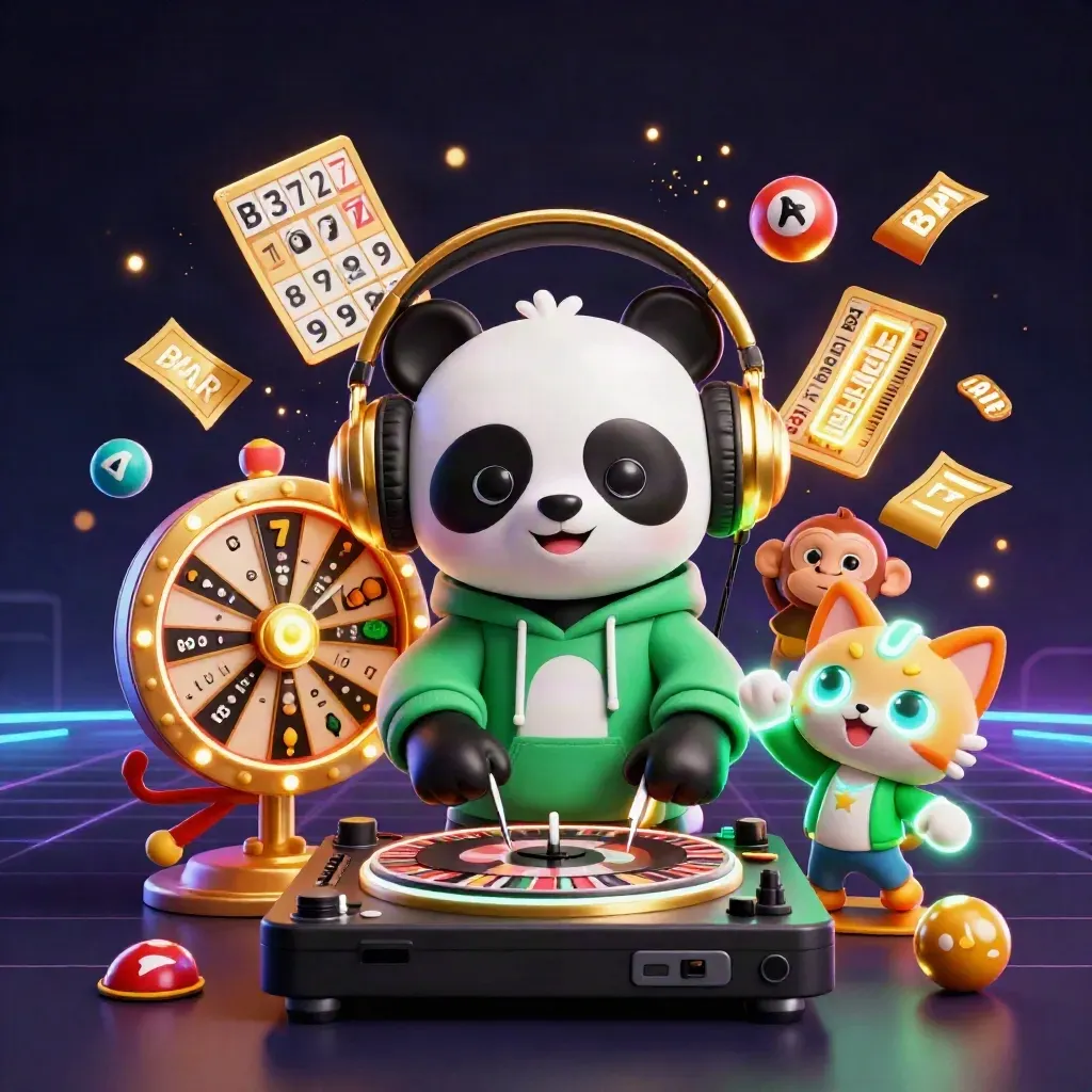 Panda DJ, dancing monkey and glow kitten amid casino reels, balls and gold sparks