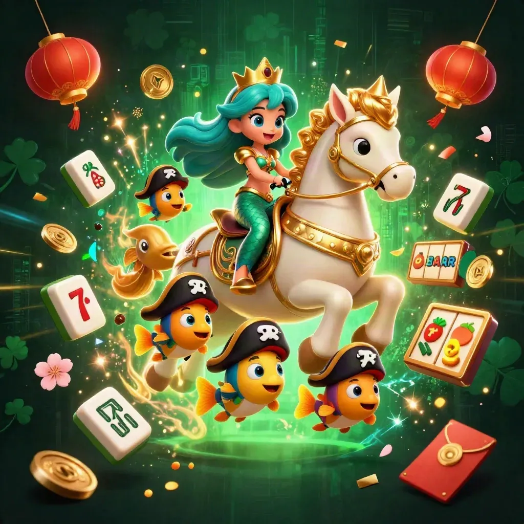 Mermaid princess riding armored seahorse, fish, casino symbols, emerald-gold glow