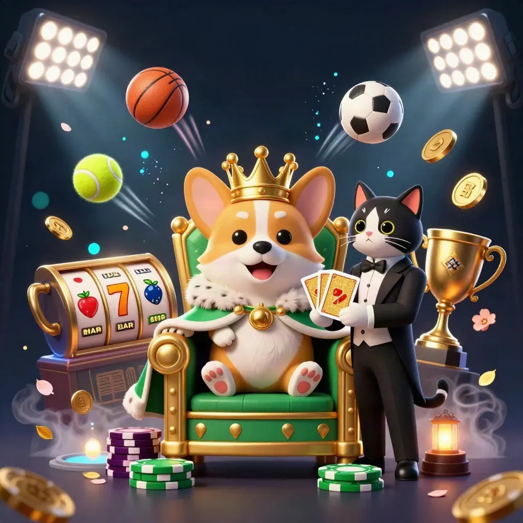 Royal corgi and cat butler on a chip throne amid casino sparks and sports balls